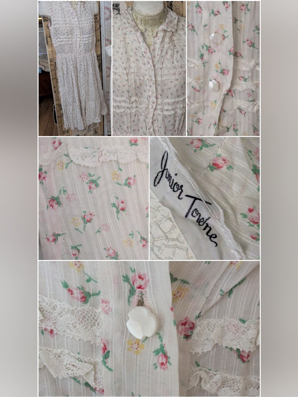 Vintage 1940s Dress Cotton Tiny Rosebuds Dimity Fabric Shabby Chic Prairie